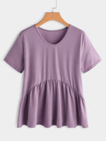 Wholesale Round Neck Plain Pleated Short Sleeve Purple Plus Size Tops