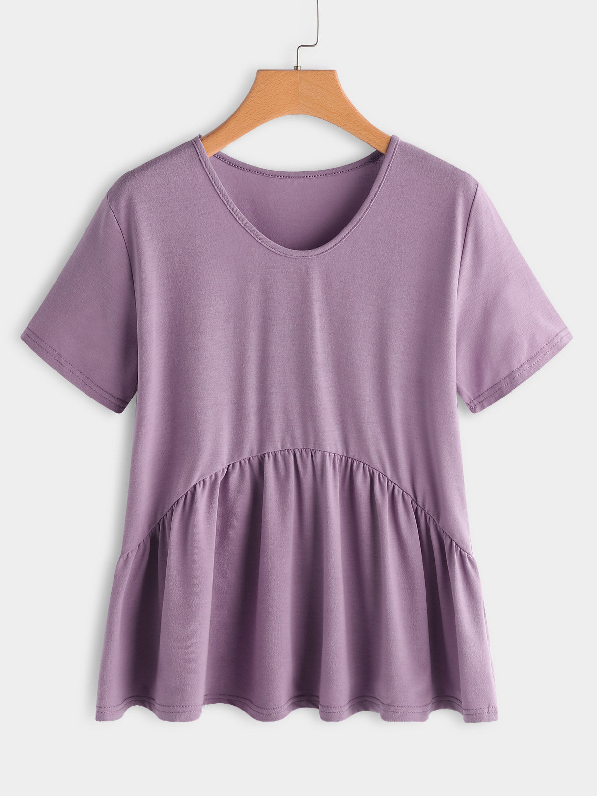 Wholesale Round Neck Plain Pleated Short Sleeve Purple Plus Size Tops