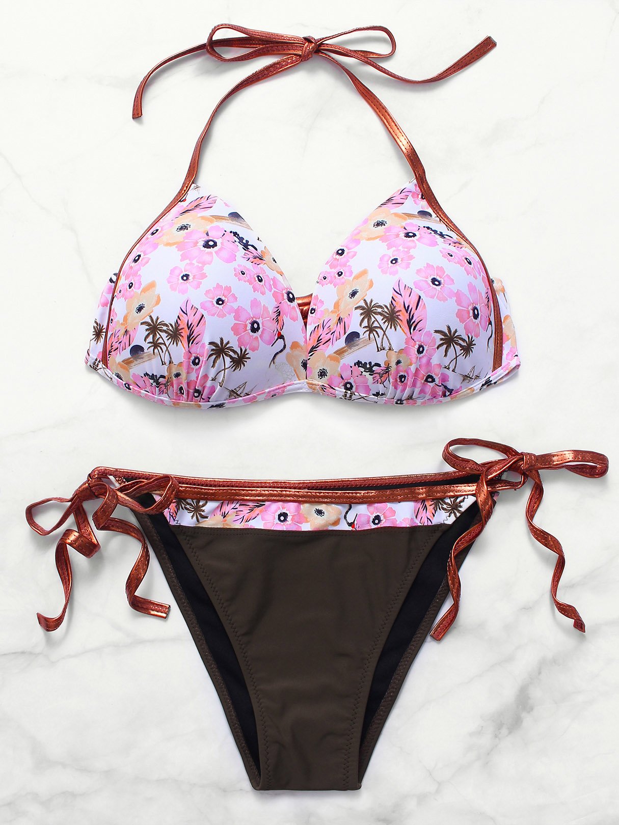 Wholesale V-Neck Floral Print Tie-Up Sleeveless Pink Bikini Set