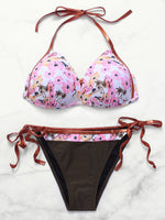 Wholesale V-Neck Floral Print Tie-Up Sleeveless Pink Bikini Set