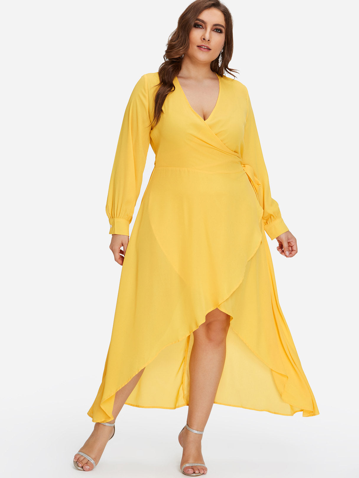 Wholesale V-Neck Plain Self-Tie Wrap Long Sleeve Yellow Plus Size Dress