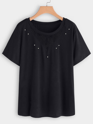 Wholesale Round Neck Plain Handmade Beaded Lace Short Sleeve Black Plus Size Tops