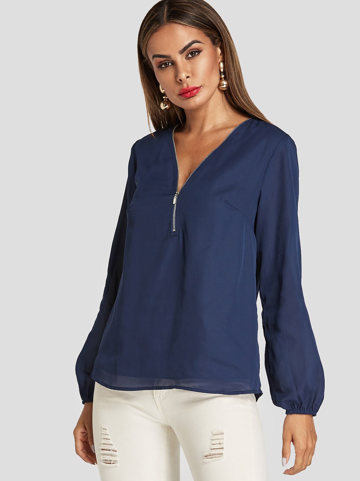 Wholesale V-Neck Zip Back Long Sleeve Navy Blouses