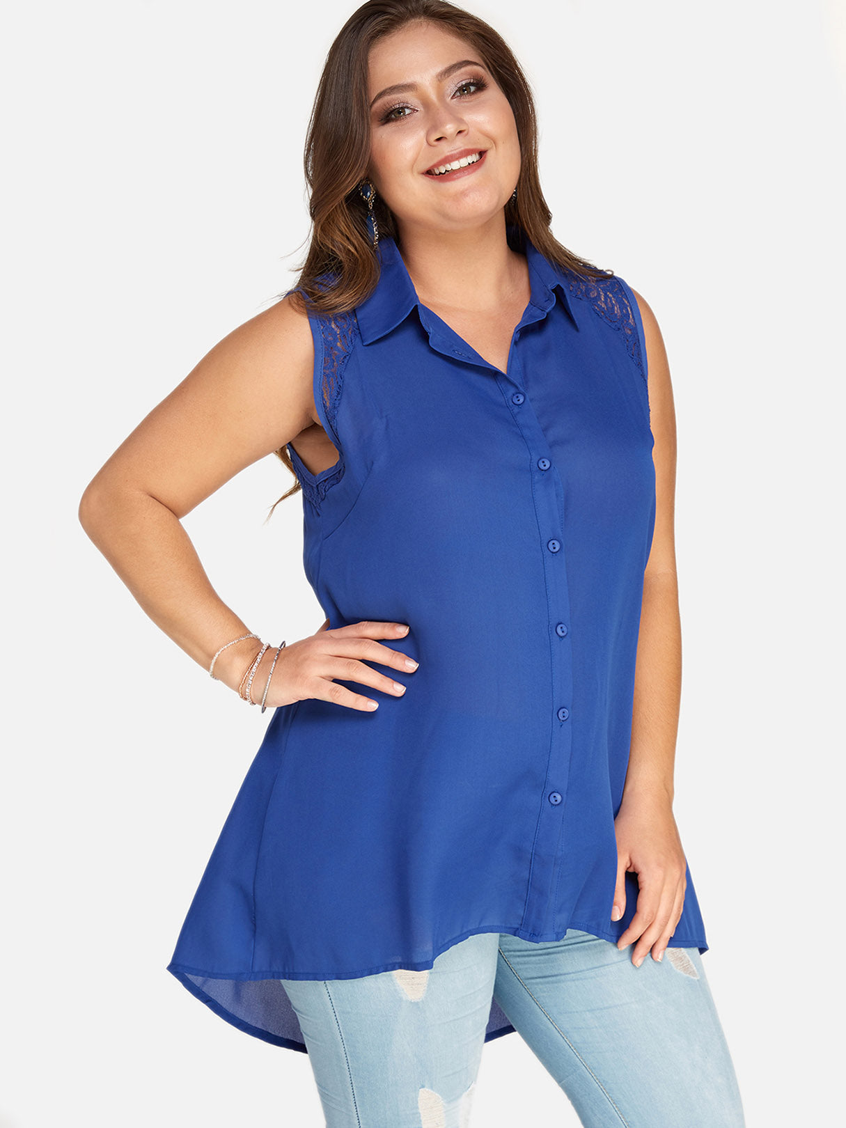 Wholesale V-Neck Lapel Collar Plain Lace Hollow Sleeveless Irregular Hem Plus Size Tops