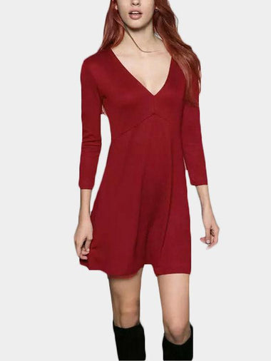 Wholesale Red 3/4 Length Sleeve Pleated Ruffle Hem Dresses