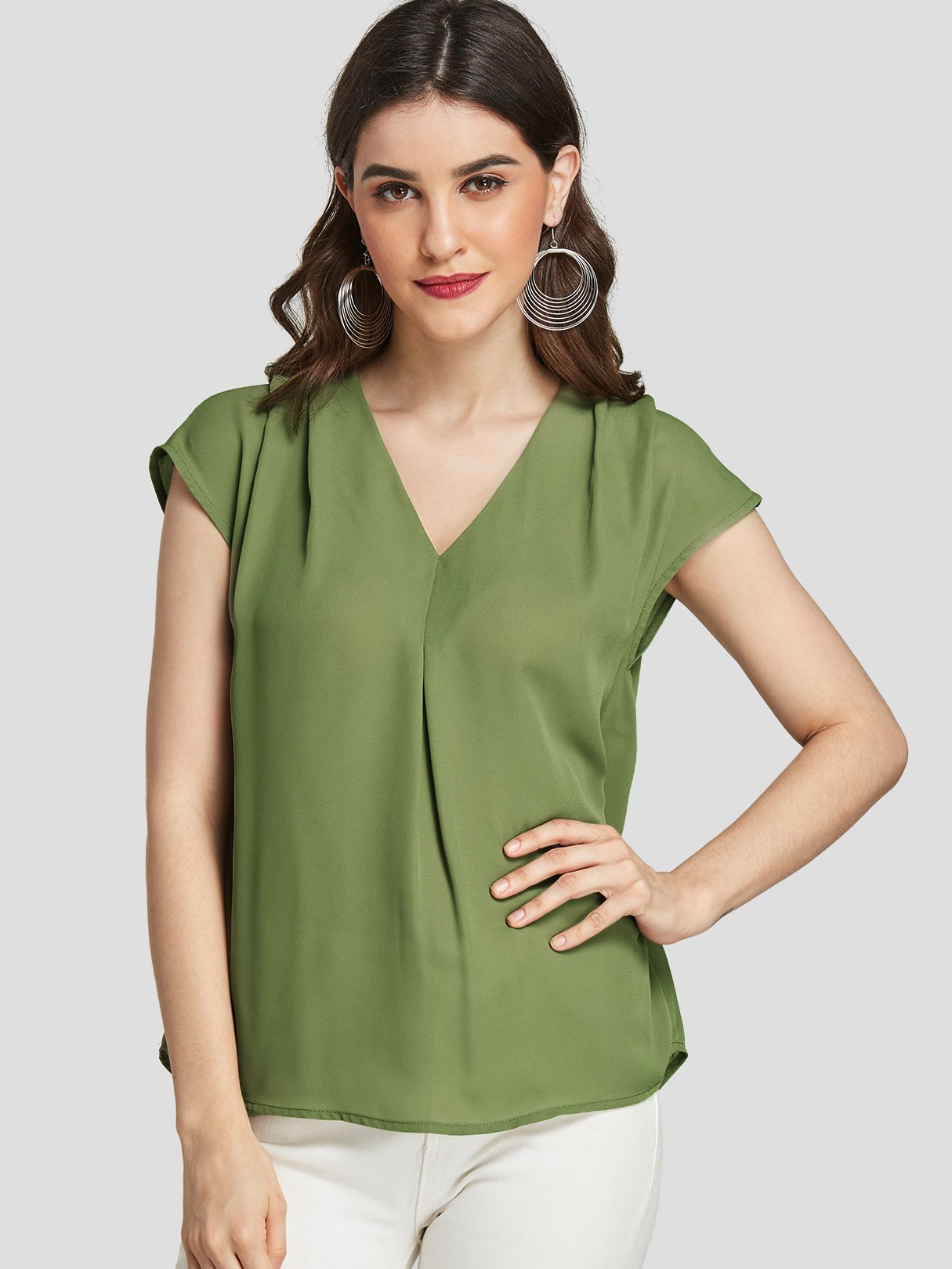 Wholesale V-Neck Plain Pleated Short Sleeve Green Blouses