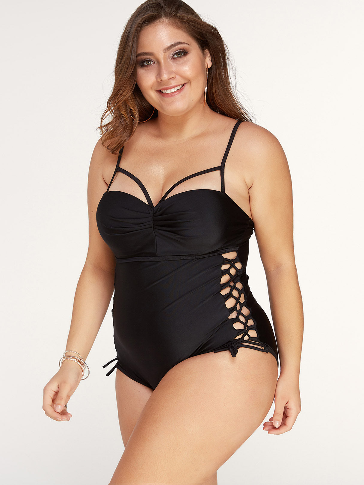 Wholesale Lace-Up Spaghetti Strap Sleeveless Black Plus Size Swimwear