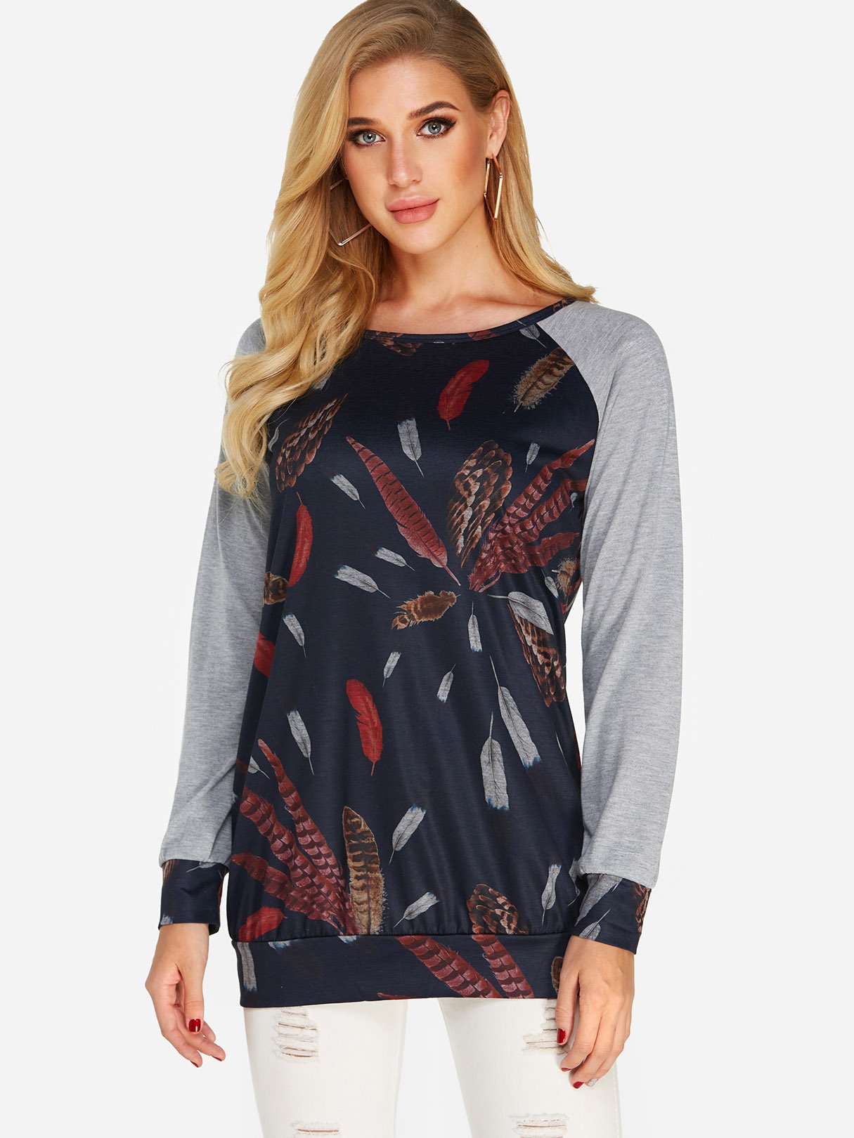 Wholesale Round Neck Printed Long Sleeve Navy T-Shirts