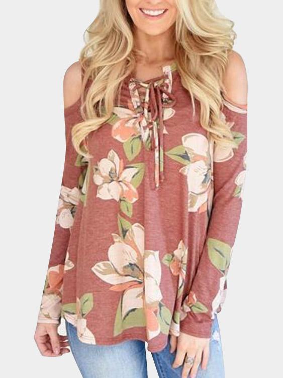 Wholesale V-Neck Floral Print Lace-Up Long Sleeve Red T-Shirts