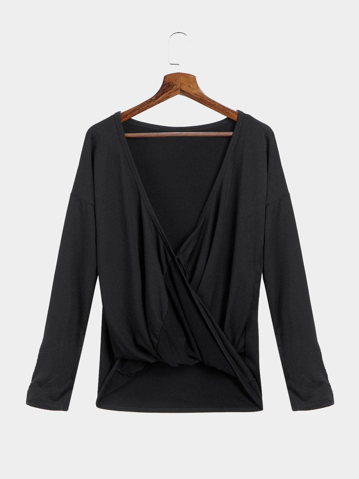 Wholesale Cross Front Fall V-Neck Long Sleeve Black T-Shirts