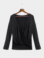 Wholesale Cross Front Fall V-Neck Long Sleeve Black T-Shirts