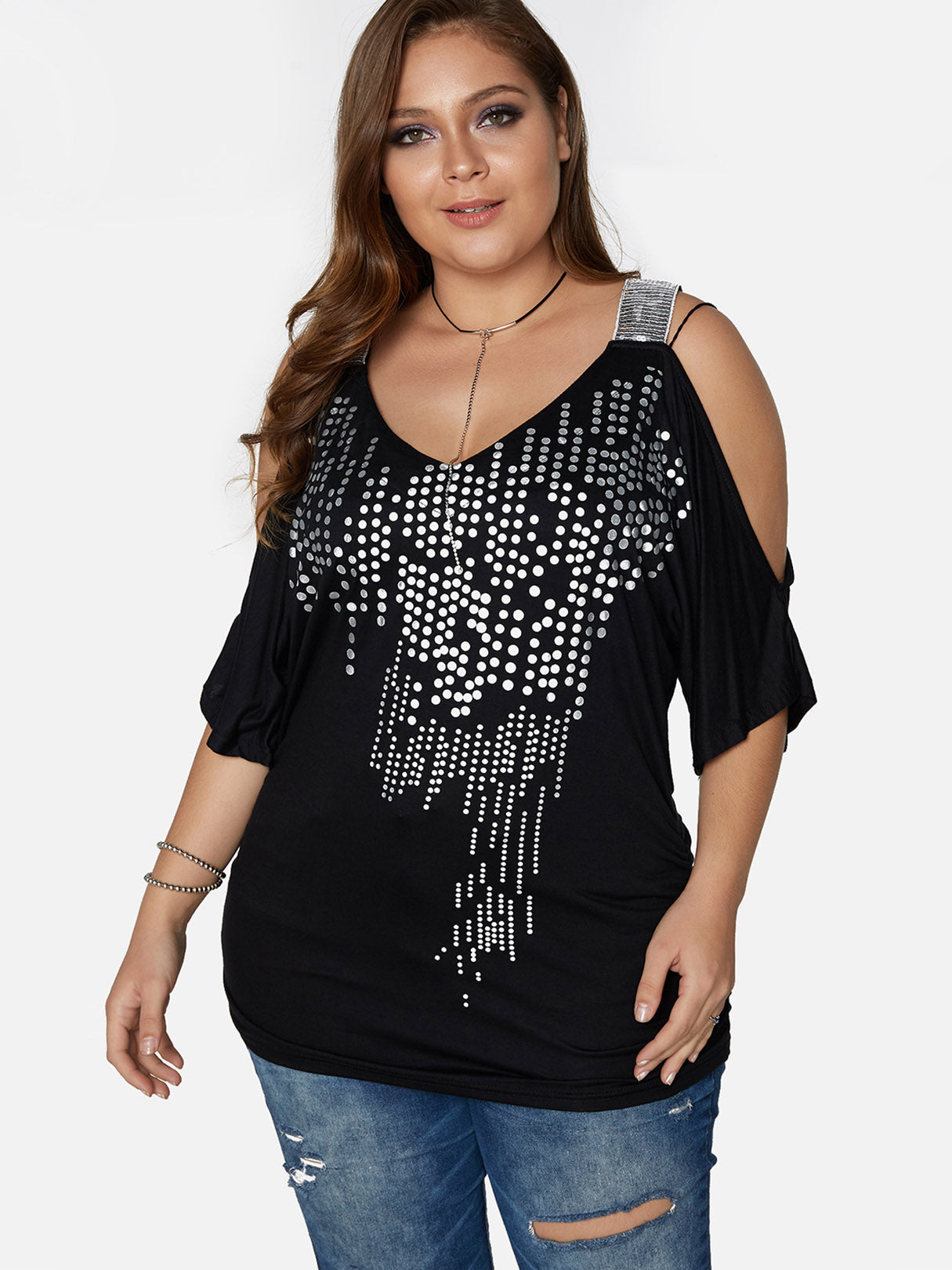 Wholesale V-Neck Cold Shoulder Polka Dot Cut Out Half Sleeve Black Plus Size Tops