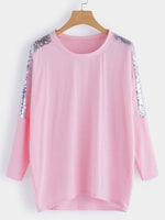 Wholesale Round Neck Handmade Beaded Long Sleeve Irregular Hem Pink T-Shirts