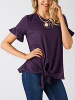 Wholesale Crew Neck Plain Lace-Up Cut Out Short Sleeve Flounced Hem Purple T-Shirts