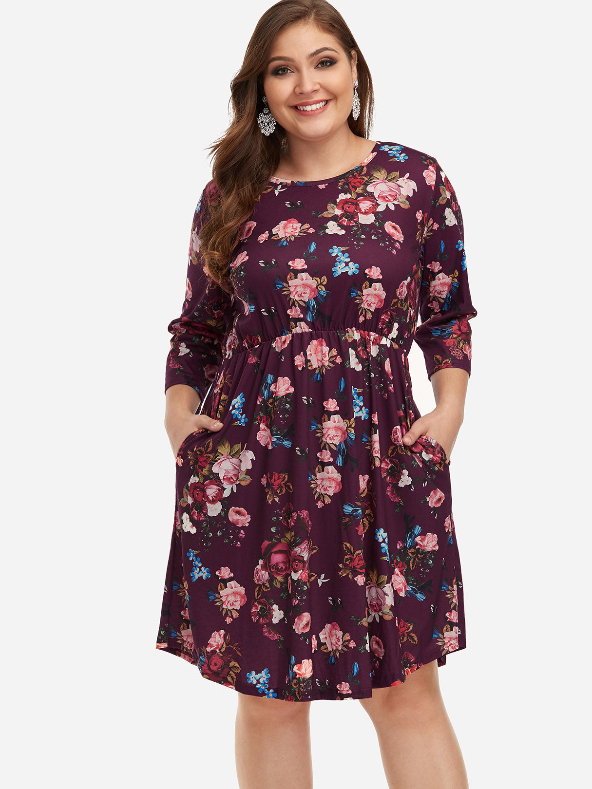 Wholesale Round Neck Floral Print 3/4 Sleeve Plus Size Midi Dresses