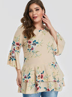 Wholesale Round Neck Floral Print 3/4 Sleeve Flounced Hem Khaki Plus Size Tops