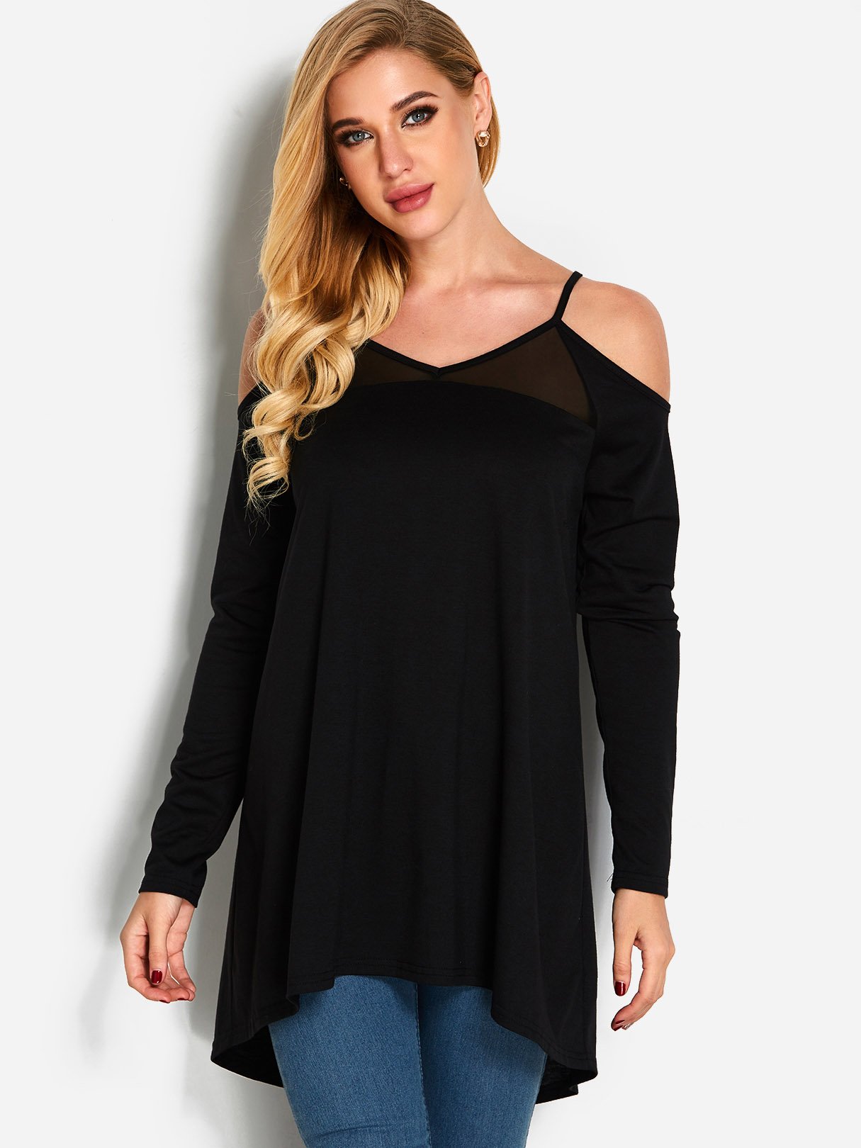 Wholesale V-Neck Cold Shoulder Cut Out Long Sleeve Curved Hem Black T-Shirts