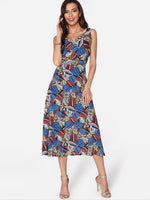 Wholesale V-Neck Floral Print Spaghetti Strap High Waist Dress