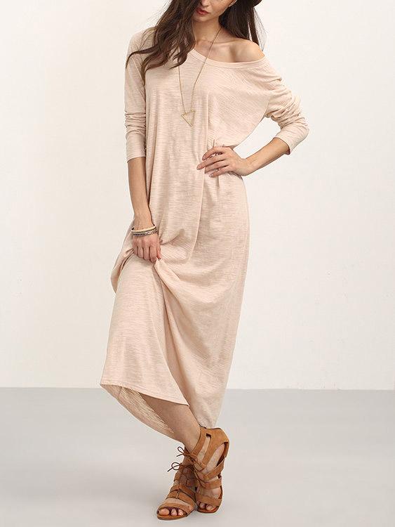 Wholesale Pink Round Neck One Shoulder Long Sleeve Plain Maxi Dresses