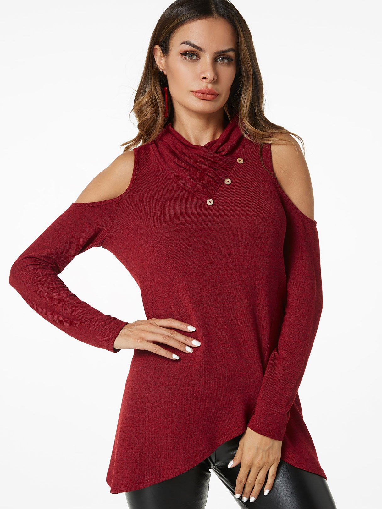 Wholesale Cold Shoulder Crossed Front Long Sleeve Irregular Hem Burgundy T-Shirts