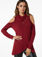 Wholesale Cold Shoulder Crossed Front Long Sleeve Irregular Hem Burgundy T-Shirts
