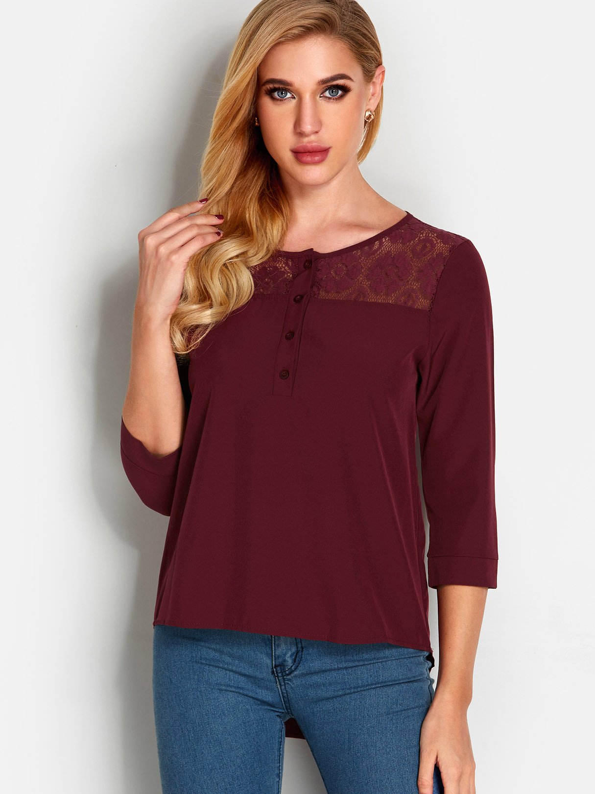 Wholesale Round Neck Lace 3/4 Sleeve Irregular Hem Burgundy T-Shirts