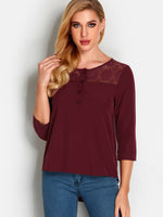 Wholesale Round Neck Lace 3/4 Sleeve Irregular Hem Burgundy T-Shirts