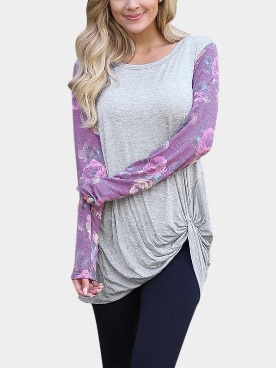 Wholesale Crew Neck Floral Print Long Sleeve Irregular Hem Grey T-Shirts