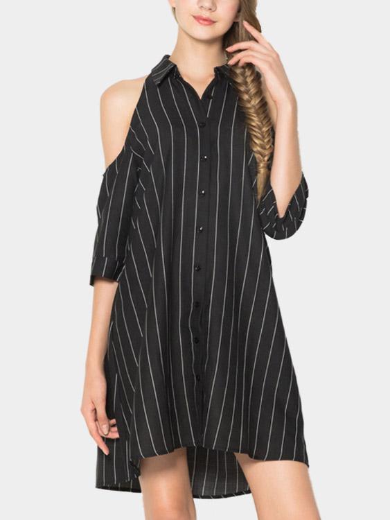 Wholesale Loose Cold Shoulder Stripes Mini Dresses With Buttons