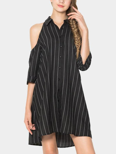 Wholesale Loose Cold Shoulder Stripes Mini Dresses With Buttons