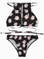 Wholesale Black Sleeveless Floral Print Two Piece Bikinis
