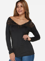 Wholesale V-Neck Plain Lace Long Sleeve Black T-Shirts