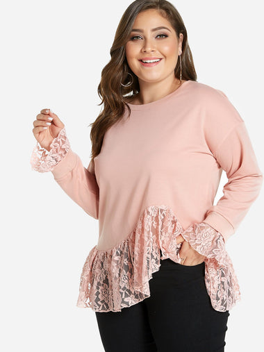 Wholesale Round Neck Plain Lace Long Sleeve Pink Plus Size Tops