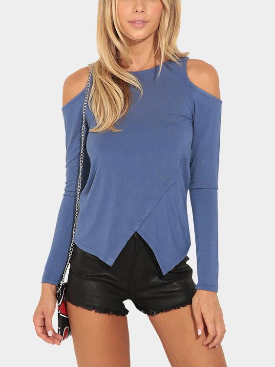 Wholesale Round Neck Cold Shoulder Crossed Front Long Sleeve Irregular Hem Blue T-Shirts