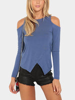 Wholesale Round Neck Cold Shoulder Crossed Front Long Sleeve Irregular Hem Blue T-Shirts