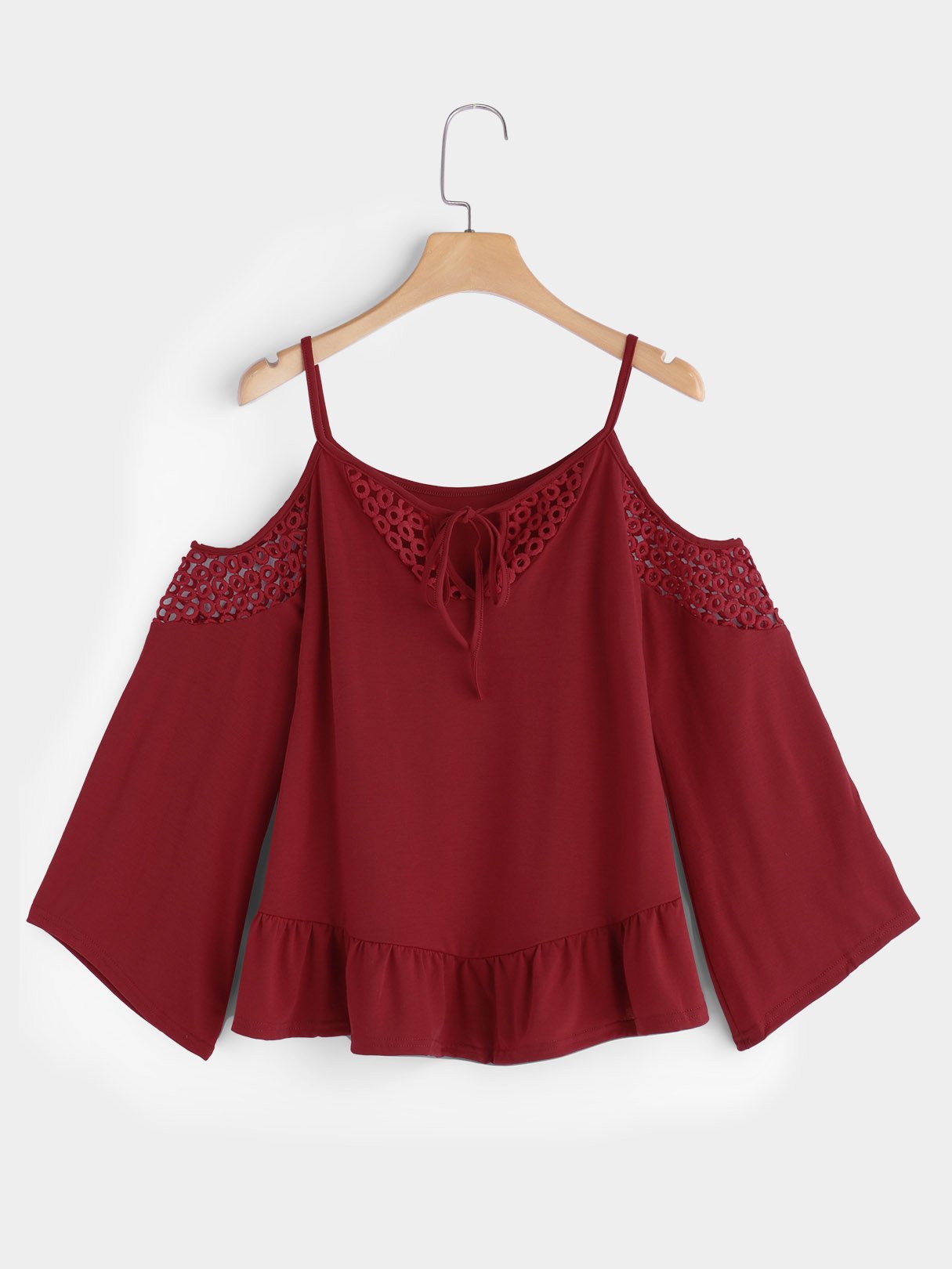 Wholesale Plain Hollow Lace-Up Cut Out Spaghetti Strap Long Sleeve Ruffle Hem Blouses