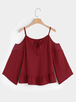 Wholesale Plain Hollow Lace-Up Cut Out Spaghetti Strap Long Sleeve Ruffle Hem Blouses