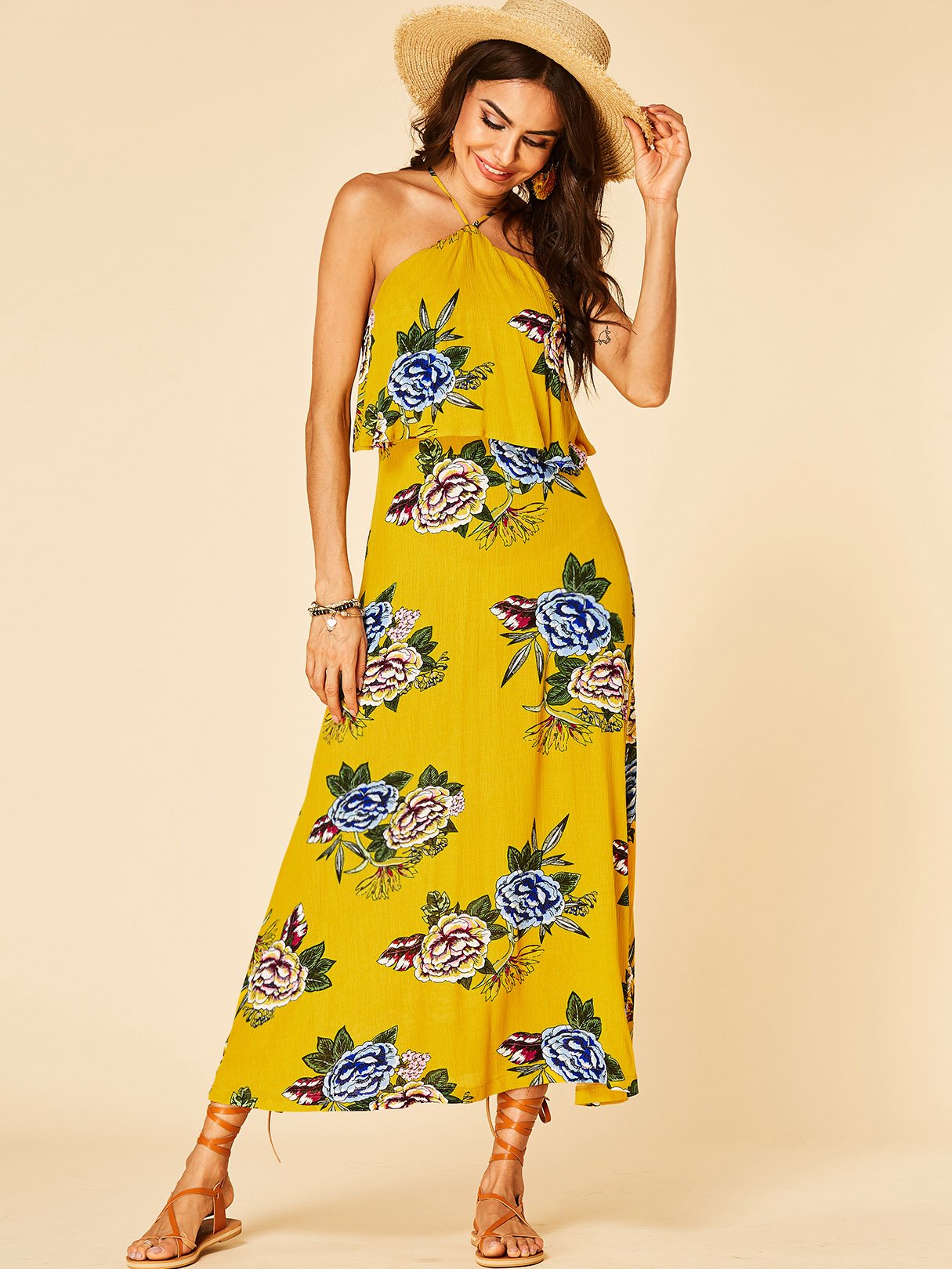 Wholesale Yellow Halter Sleeveless Floral Print Backless Dresses