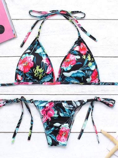 Wholesale V-Neck Floral Print Backless Two Pieces Bikini