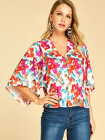 Wholesale V-Neck Floral Print 3/4 Length Sleeve Blouses