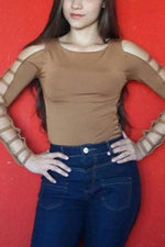 Wholesale Round Neck Cut Out Long Sleeve Brown T-Shirts