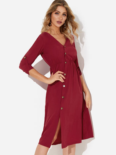 Wholesale Burgundy V-Neck Long Sleeve Slit Dresses
