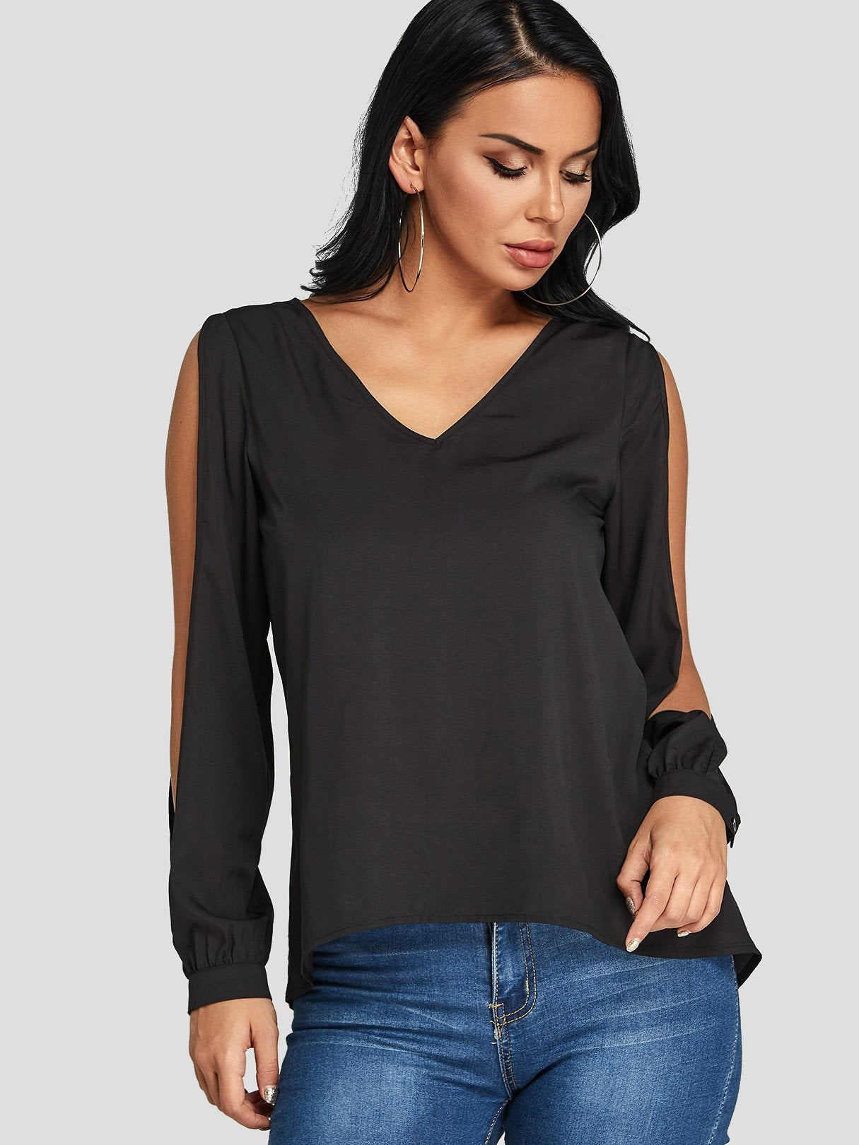 Wholesale Cold Shoulder Cut Out Long Sleeve Black Blouses