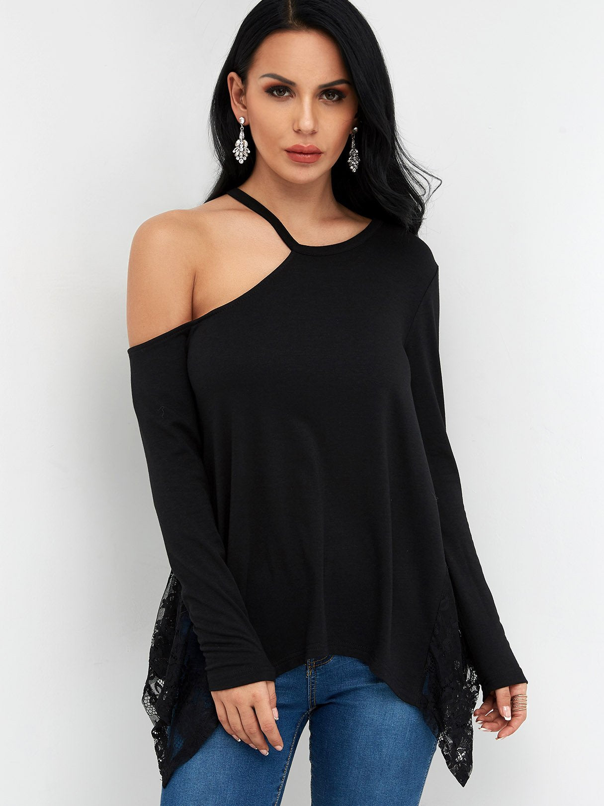 Wholesale One Shoulder Lace Long Sleeve Irregular Hem Black T-Shirts