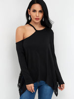 Wholesale One Shoulder Lace Long Sleeve Irregular Hem Black T-Shirts