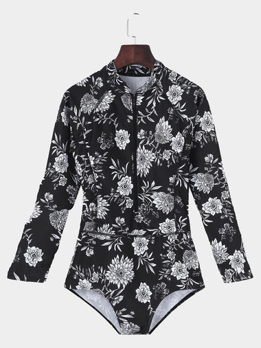 Wholesale Round Neck Long Sleeve Floral Printed One-Pieces
