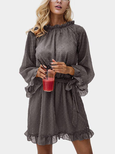 Wholesale Grey Round Neck Long Sleeve Backless Flounced Hem Mini Dress