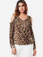 Wholesale V-Neck Cold Shoulder Leopard Crossed Front Long Sleeve Top