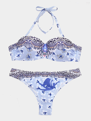 Wholesale Halter Floral Print Backless Sleeveless Bikini Set
