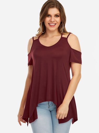 Wholesale Round Neck Cold Shoulder Plain Backless Cut Out Short Sleeve Irregular Hem Burgundy Plus Size Tops